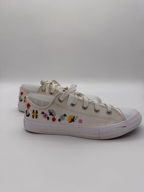 Converse White Low-Top Sneakers with Multicolor Floral Embroidery Girls Size 3